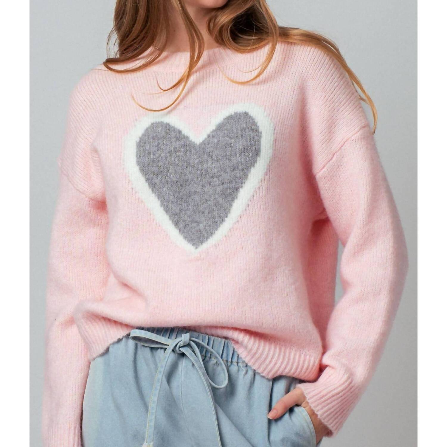 New Urban Daizy Plush Heart Graphic Intarsia Sweater In Pink